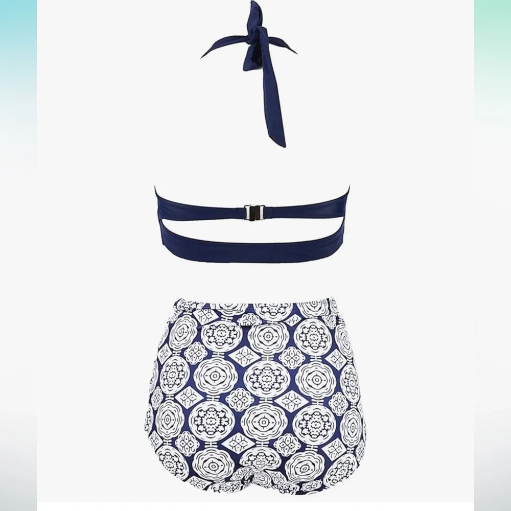 Navy Halter Bikini Top with Patterned Bottom - Picture 4 of 7